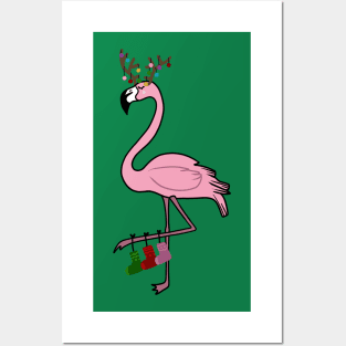 Flamingo Christmas, Deer Antlers, Festive Gift Posters and Art